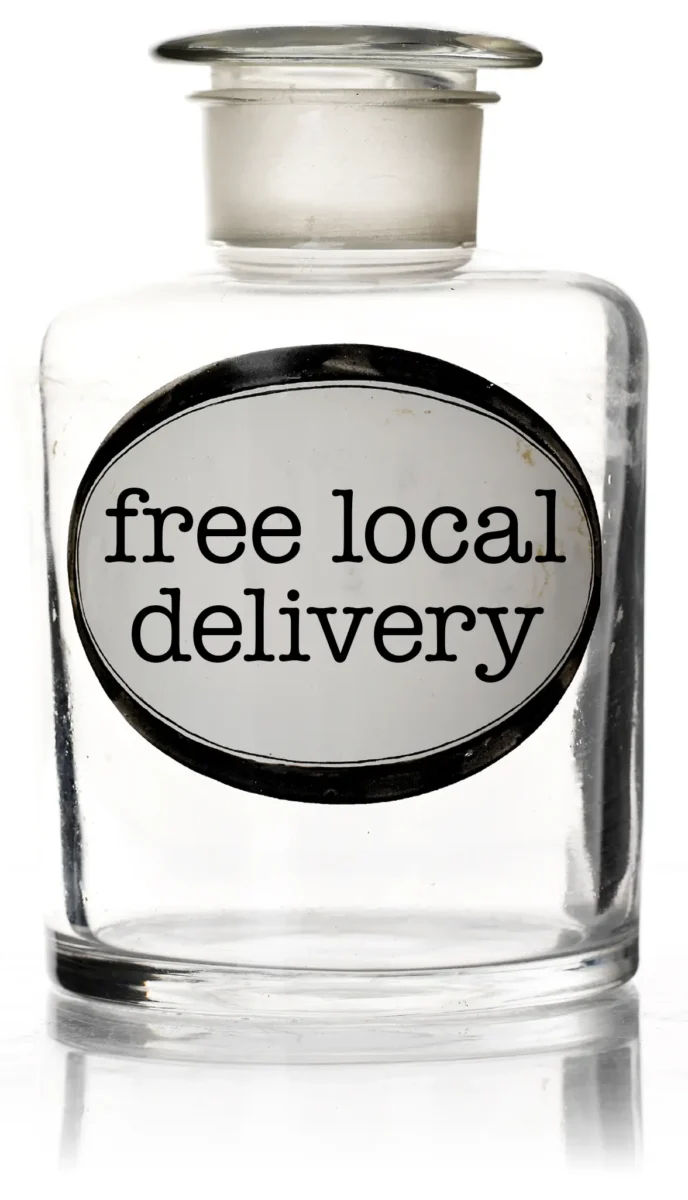 glass bottle with text "free local delivery"