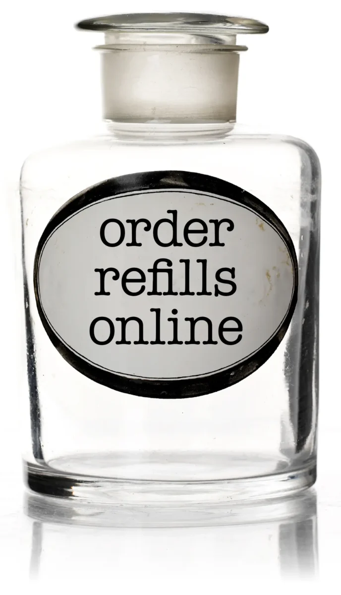 glass bottle with text "order refills online"