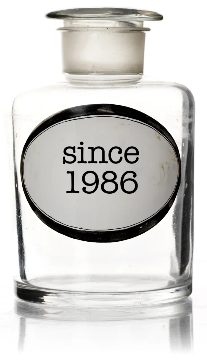 glass bottle with text "since 1986"