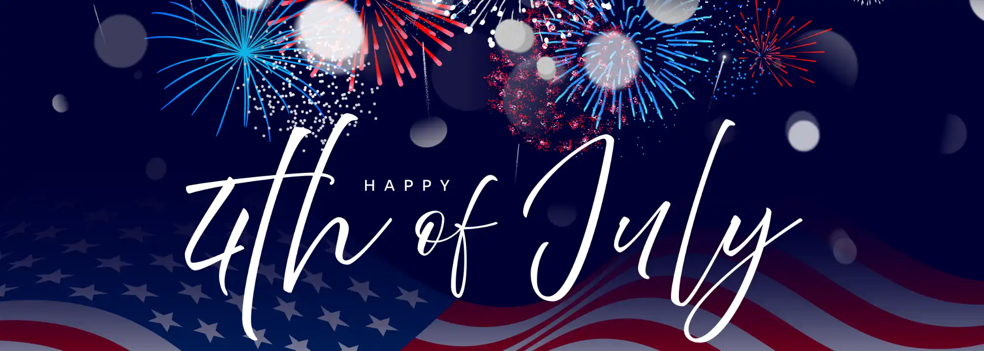 Happy 4th of July graphic with fireworks and US flag
